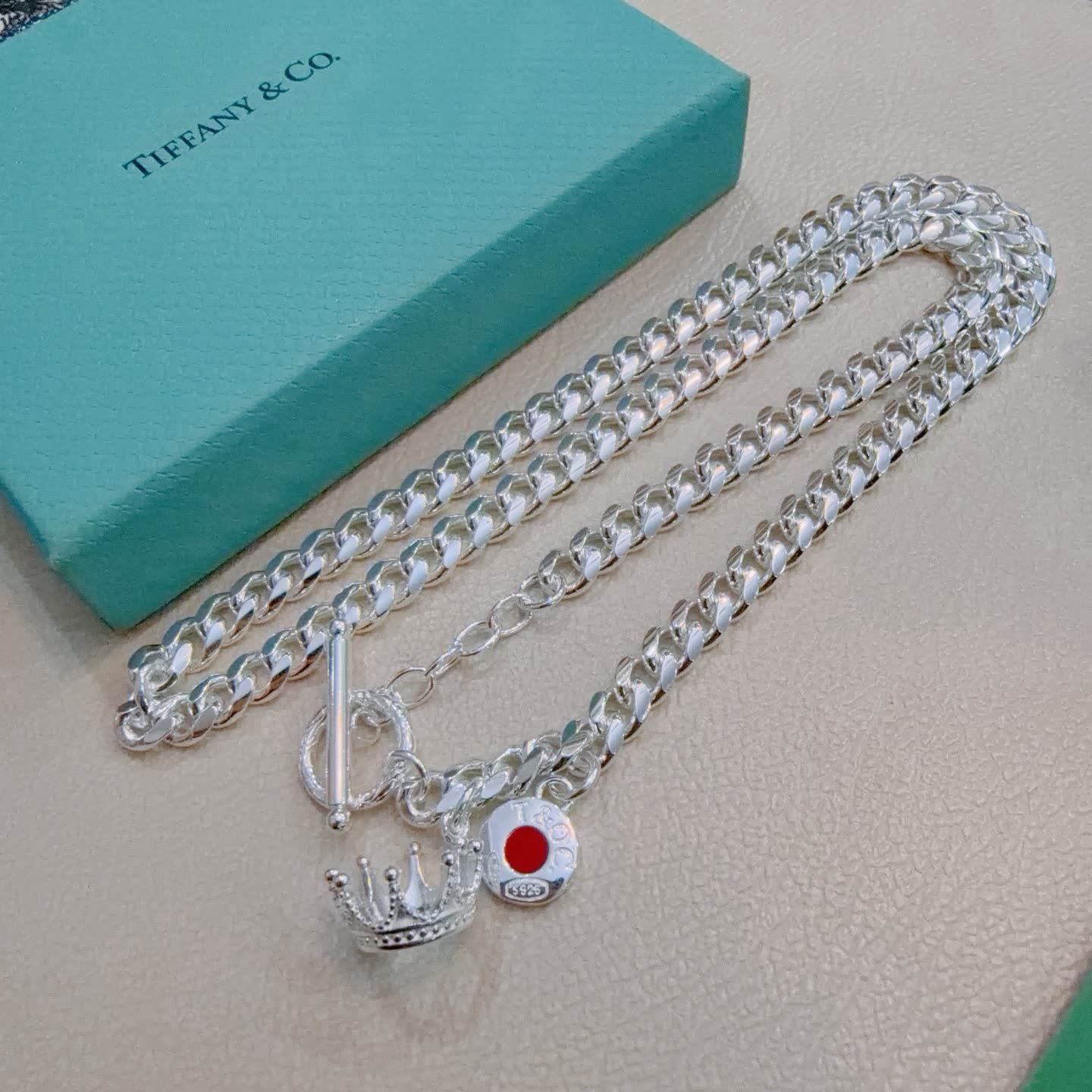Tiffany & Co. Sterling Silver Crown and Red Enamel Toggle Necklace